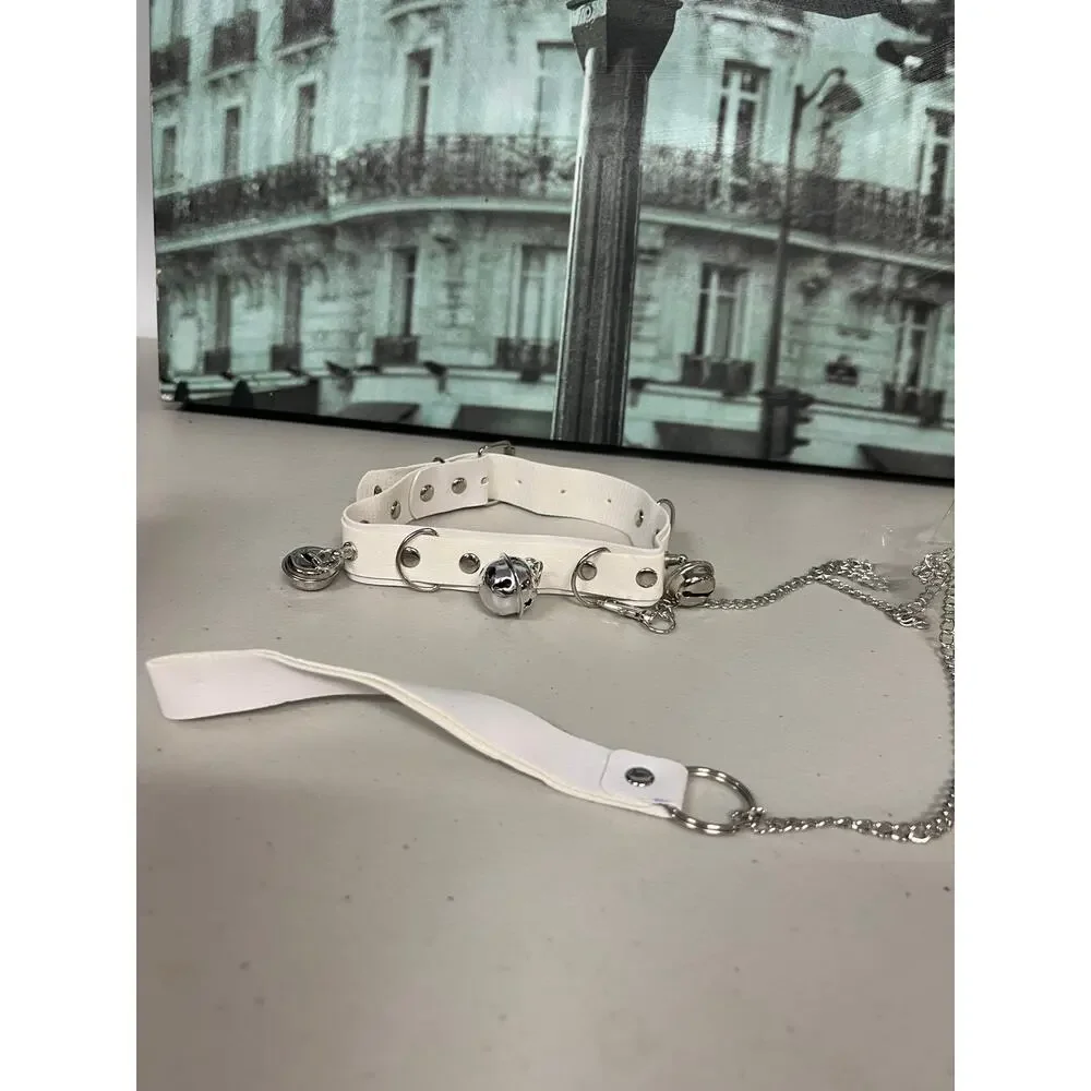 Punk Goth White PU Leather Choker Collar with Bells and Leash Set